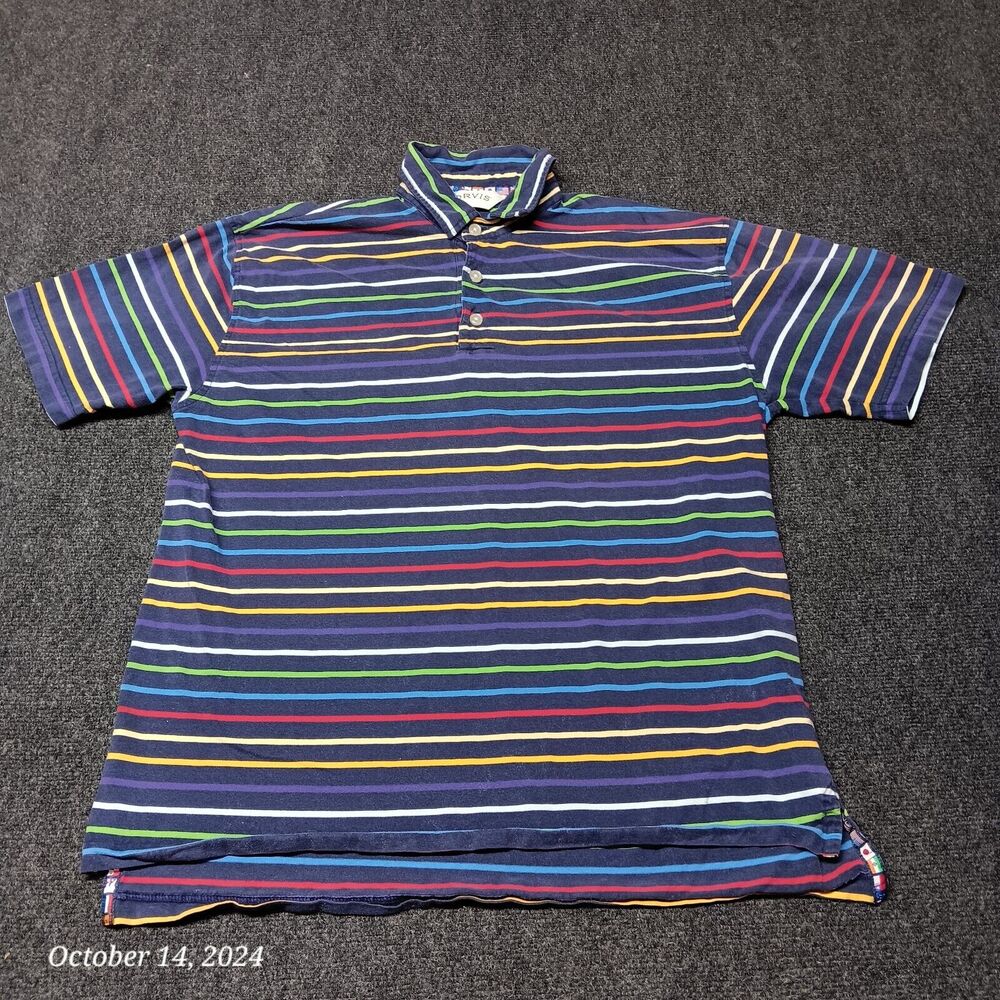 Orvis Shirt Men Large Blue Golf Polo World Flags Colorful Striped